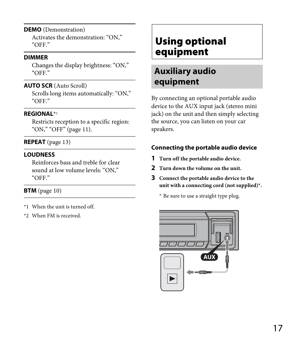 Using optional equipment, Auxiliary audio equipment | Sony DSX-A30 User Manual | Page 17 / 132