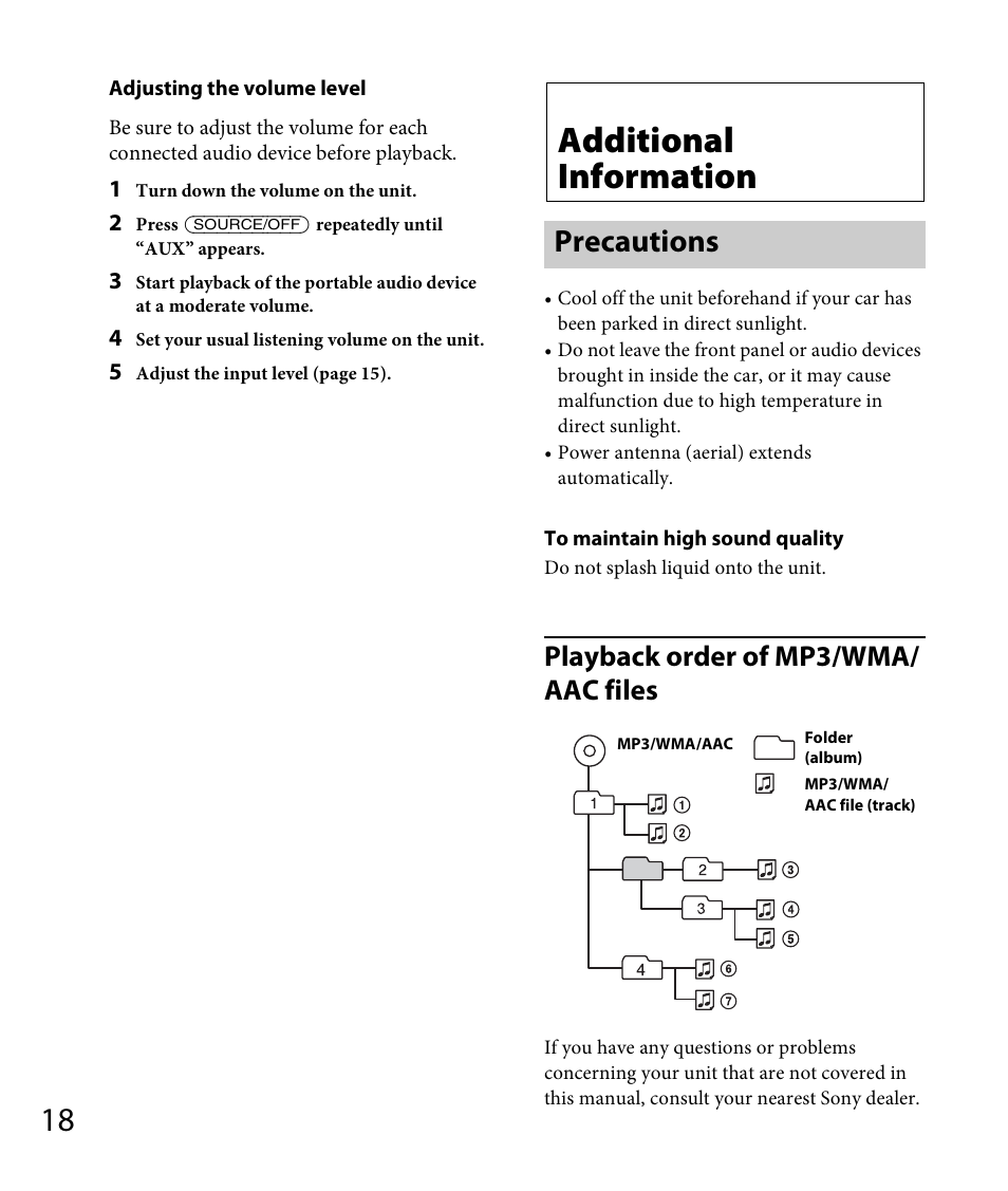 Additional information, Precautions, Playback order of mp3/wma/ aac files | Sony DSX-A30 User Manual | Page 18 / 132