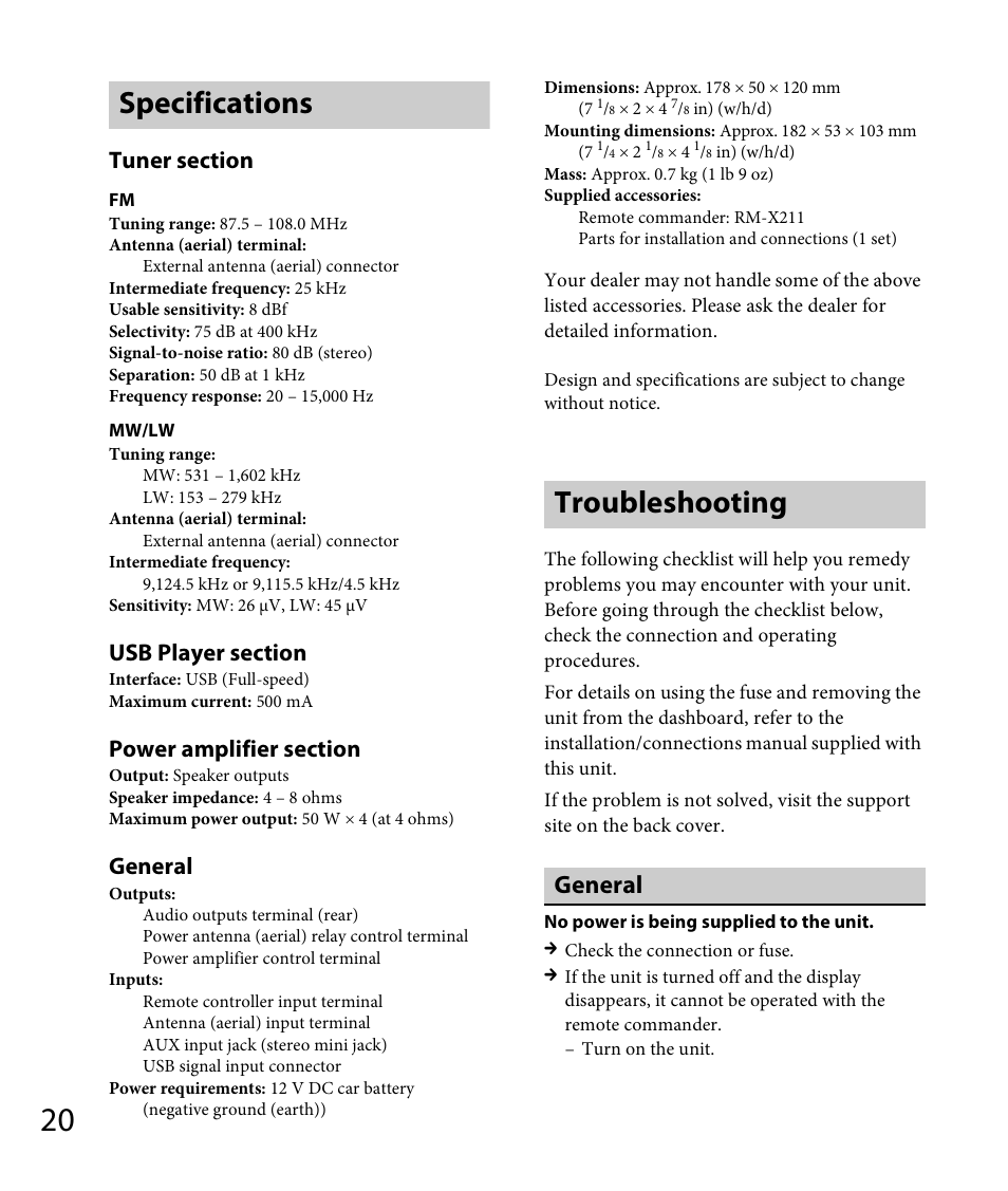 Specifications, Troubleshooting, Specifications troubleshooting | General | Sony DSX-A30 User Manual | Page 20 / 132