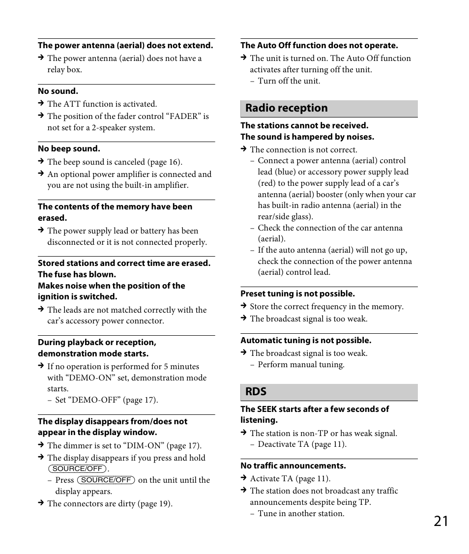 Radio reception | Sony DSX-A30 User Manual | Page 21 / 132