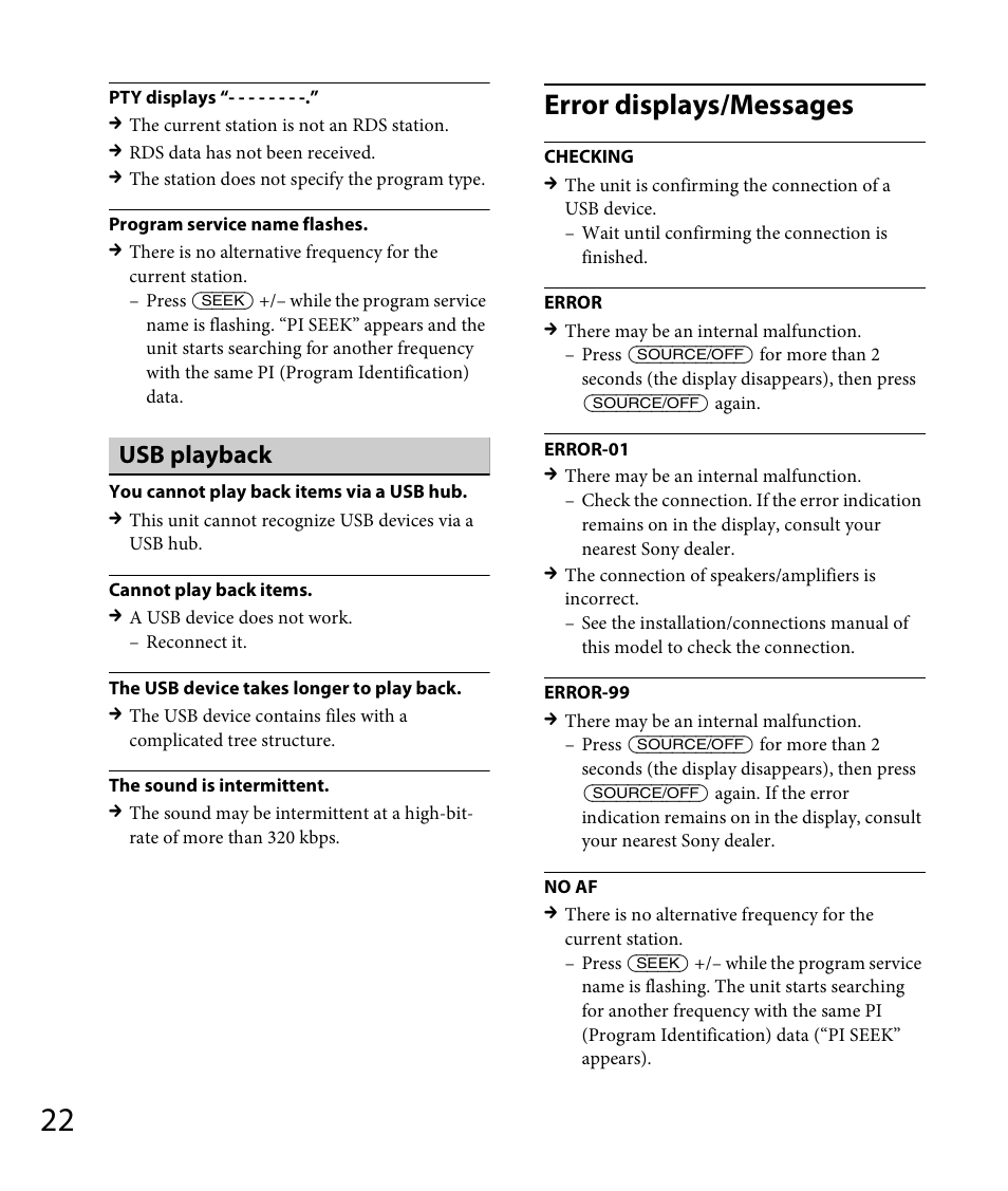 Error displays/messages, Usb playback | Sony DSX-A30 User Manual | Page 22 / 132