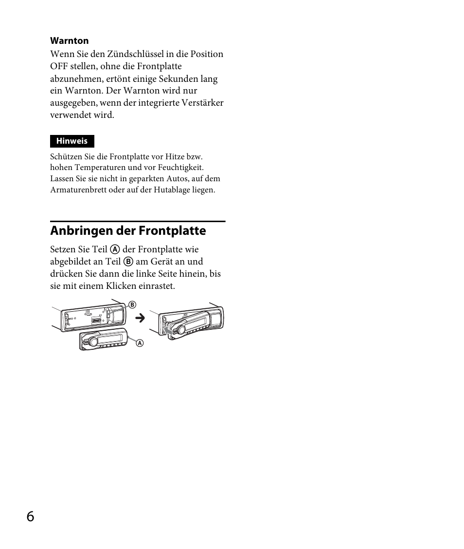 Anbringen der frontplatte | Sony DSX-A30 User Manual | Page 28 / 132