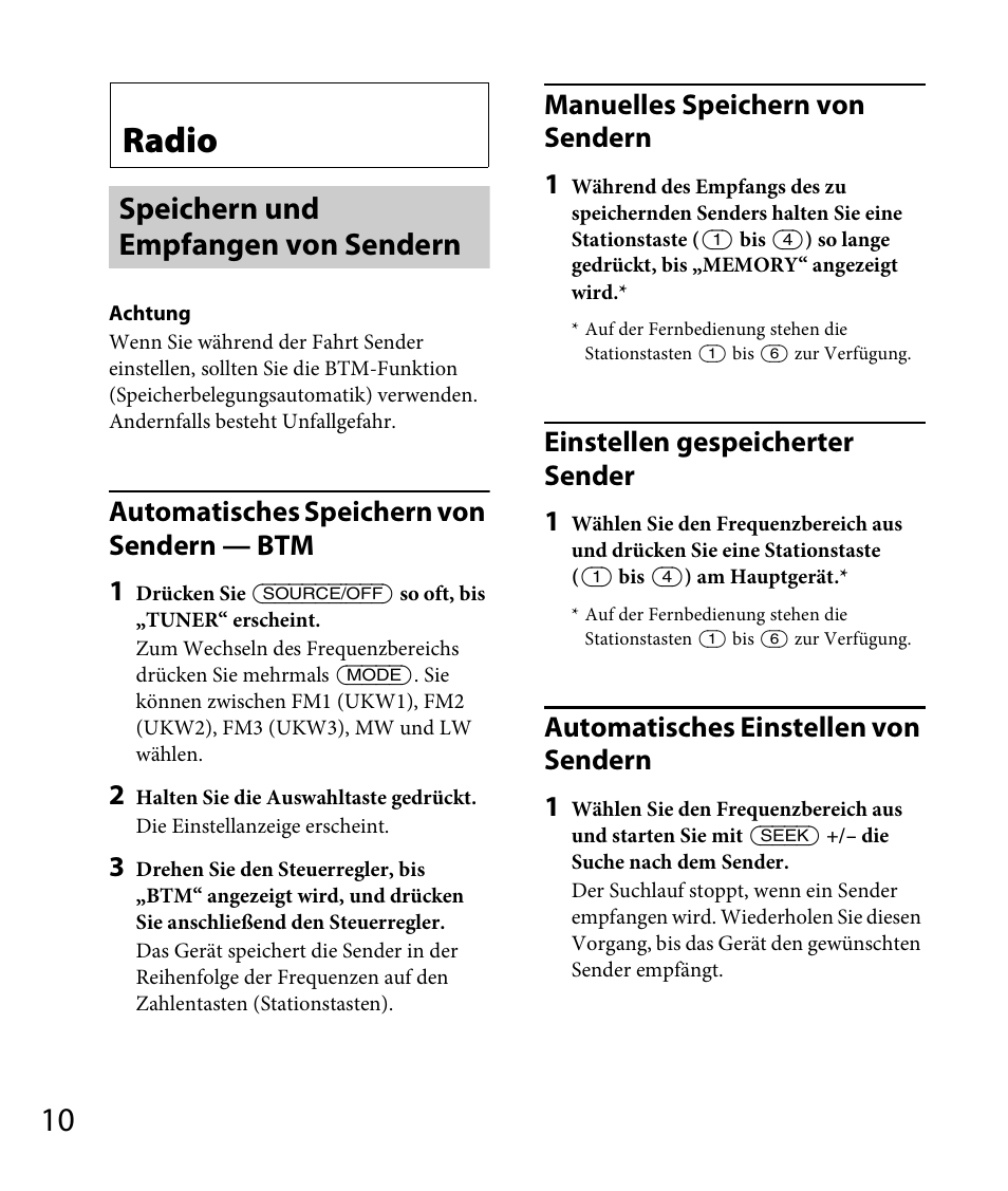Radio, Speichern und empfangen von sendern, De seite 10 | Automatisches speichern von sendern — btm 1, Manuelles speichern von sendern 1, Einstellen gespeicherter sender 1, Automatisches einstellen von sendern 1 | Sony DSX-A30 User Manual | Page 32 / 132