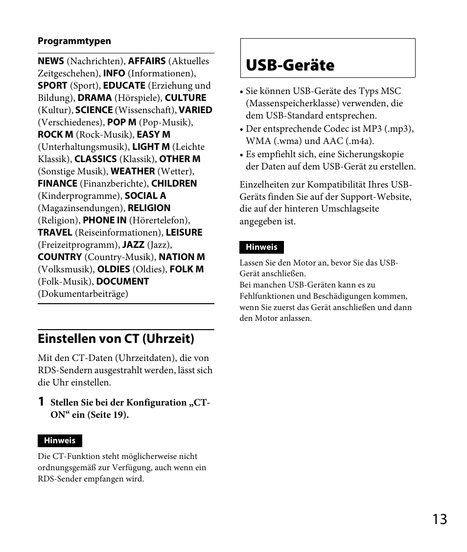 Usb-geräte, Seite 13, Einstellen von ct (uhrzeit) | Sony DSX-A30 User Manual | Page 35 / 132