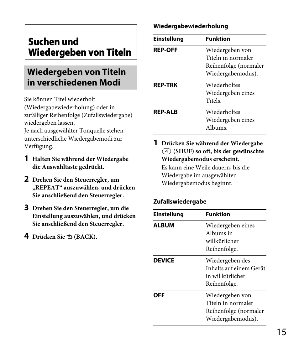 Suchen und wiedergeben von titeln, Wiedergeben von titeln in verschiedenen modi, Seite 15 | Sony DSX-A30 User Manual | Page 37 / 132