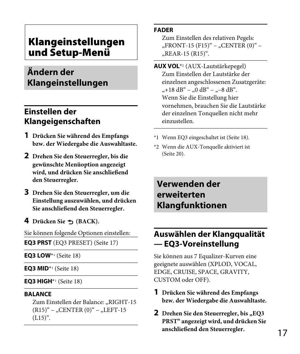 Klangeinstellungen und setup-menü, Ändern der klangeinstellungen, Verwenden der erweiterten klangfunktionen | Seite 17, Einstellen der klangeigenschaften 1, Auswählen der klangqualität — eq3-voreinstellung | Sony DSX-A30 User Manual | Page 39 / 132