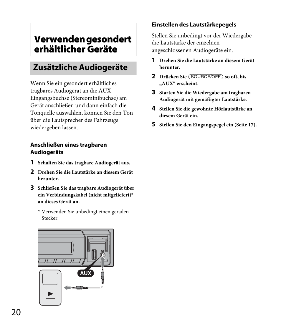 Verwenden gesondert erhältlicher geräte, Zusätzliche audiogeräte, Seite 20 | Seite 20) | Sony DSX-A30 User Manual | Page 42 / 132