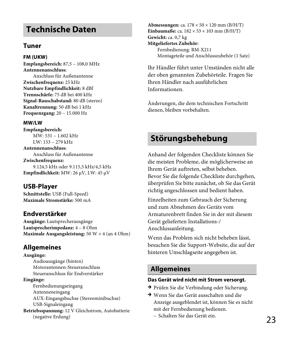 Technische daten, Störungsbehebung, Technische daten störungsbehebung | Tuner, Usb-player, Endverstärker, Allgemeines | Sony DSX-A30 User Manual | Page 45 / 132
