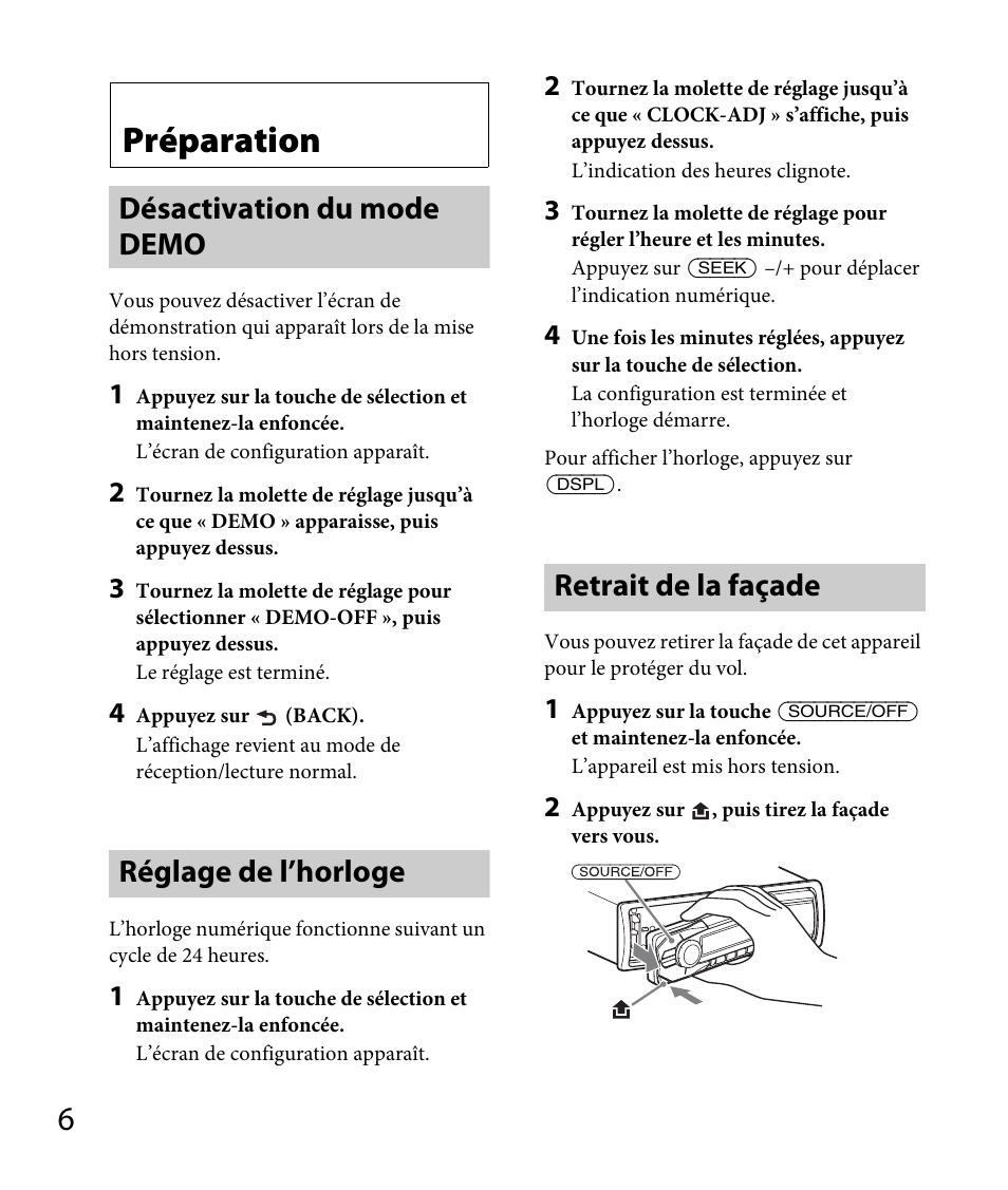 Préparation, Désactivation du mode demo, Réglage de l’horloge | Retrait de la façade | Sony DSX-A30 User Manual | Page 54 / 132