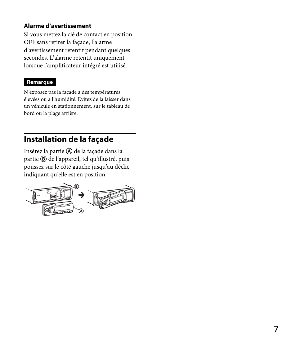 Installation de la façade | Sony DSX-A30 User Manual | Page 55 / 132