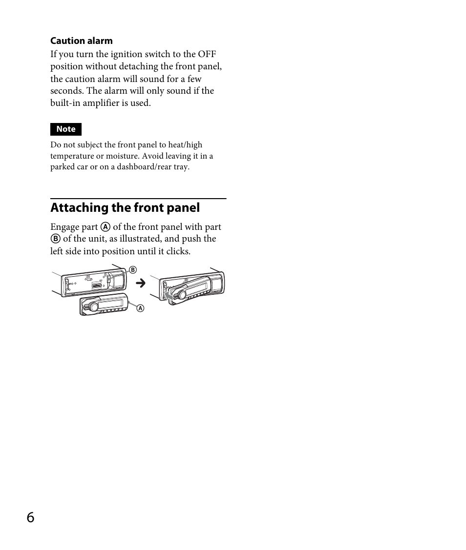 Attaching the front panel | Sony DSX-A30 User Manual | Page 6 / 132