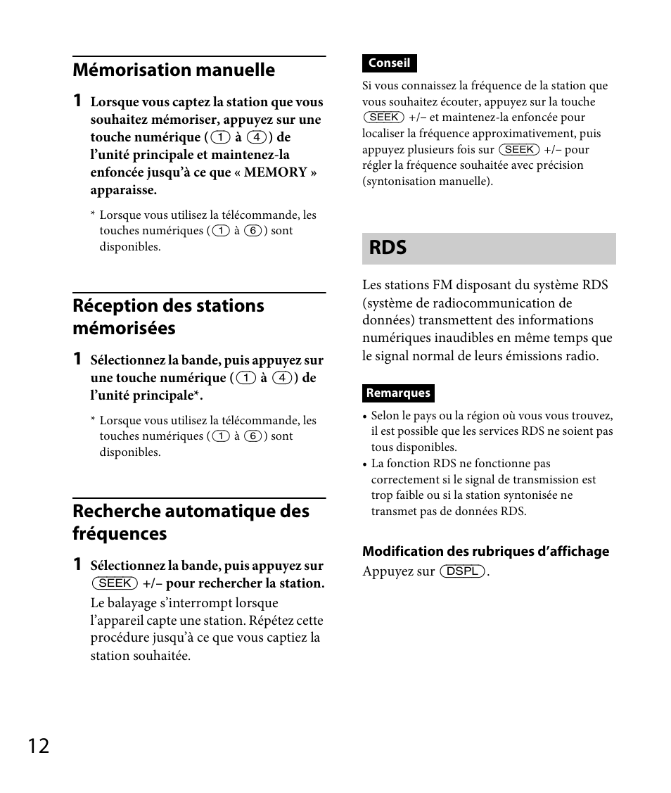 Mémorisation manuelle 1, Réception des stations mémorisées 1, Recherche automatique des fréquences 1 | Sony DSX-A30 User Manual | Page 60 / 132