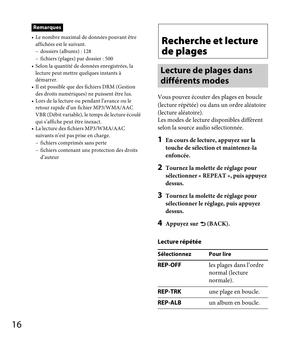 Recherche et lecture de plages, Lecture de plages dans différents modes | Sony DSX-A30 User Manual | Page 64 / 132