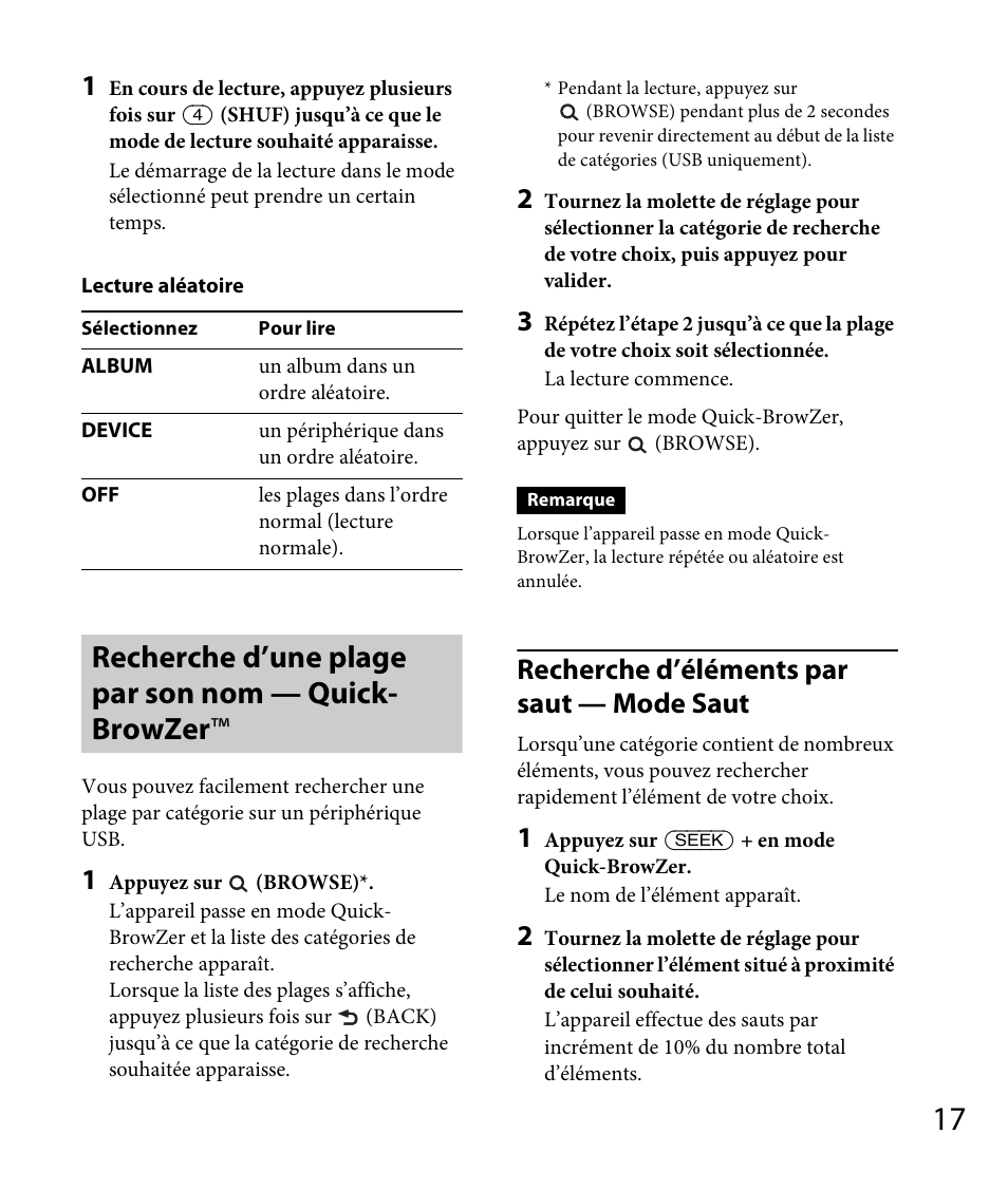 Recherche d’une plage par son nom — quick- browzer, Recherche d’une plage par son nom — quick-browzer, Recherche d’éléments par saut — mode saut | Sony DSX-A30 User Manual | Page 65 / 132