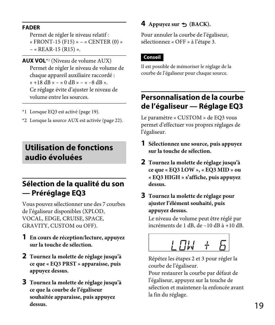 Utilisation de fonctions audio évoluées, Sélection de la qualité du son — préréglage eq3 | Sony DSX-A30 User Manual | Page 67 / 132
