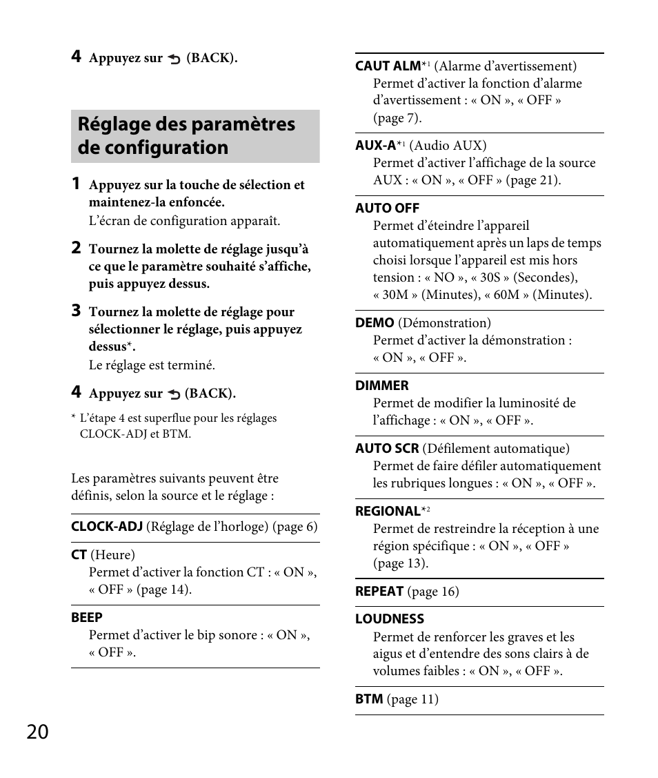 Réglage des paramètres de configuration | Sony DSX-A30 User Manual | Page 68 / 132