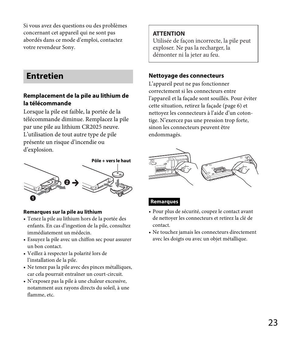 Entretien | Sony DSX-A30 User Manual | Page 71 / 132