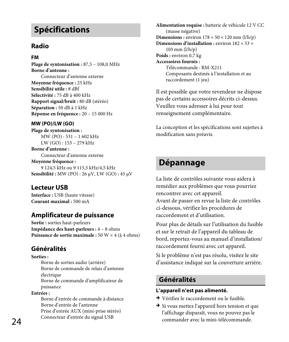Spécifications, Dépannage, Spécifications dépannage | Radio, Lecteur usb, Amplificateur de puissance, Généralités | Sony DSX-A30 User Manual | Page 72 / 132