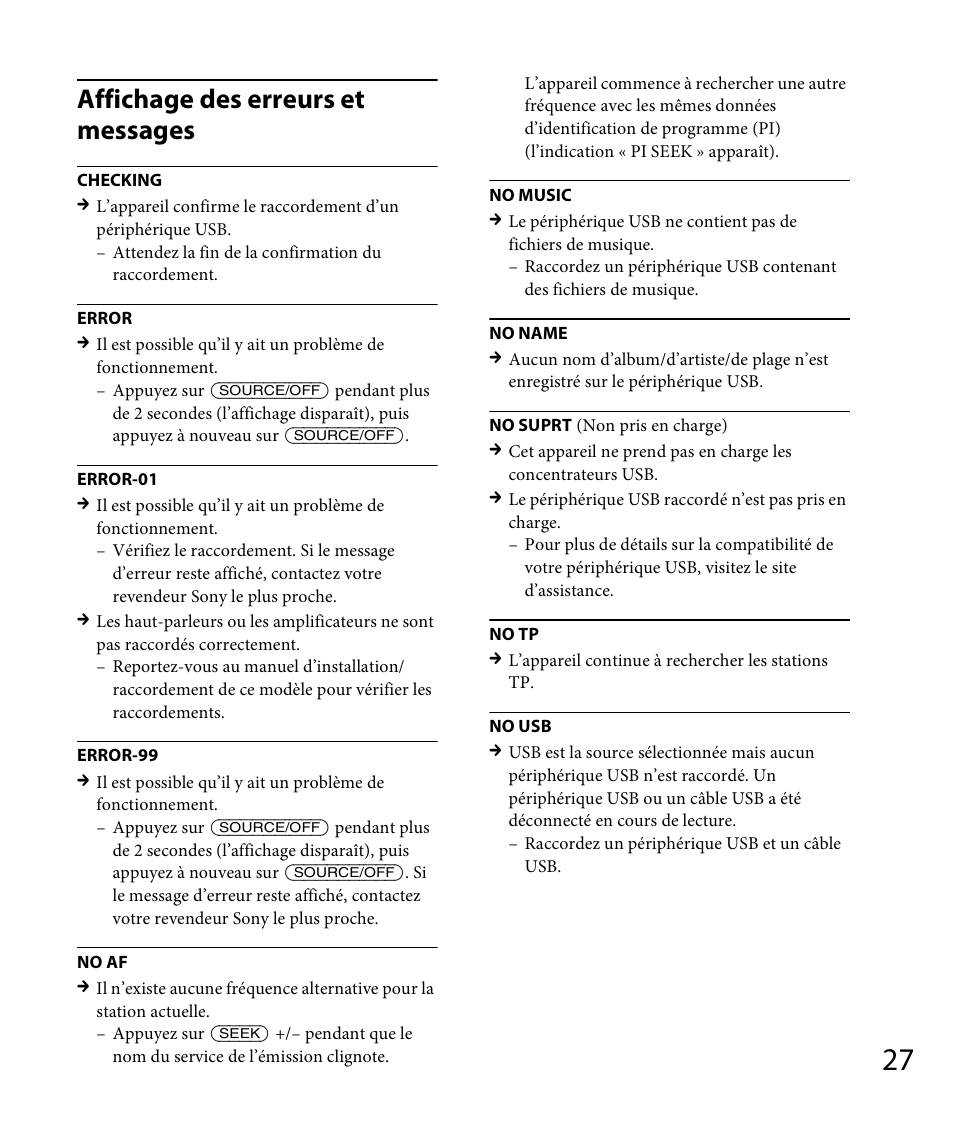 Affichage des erreurs et messages | Sony DSX-A30 User Manual | Page 75 / 132