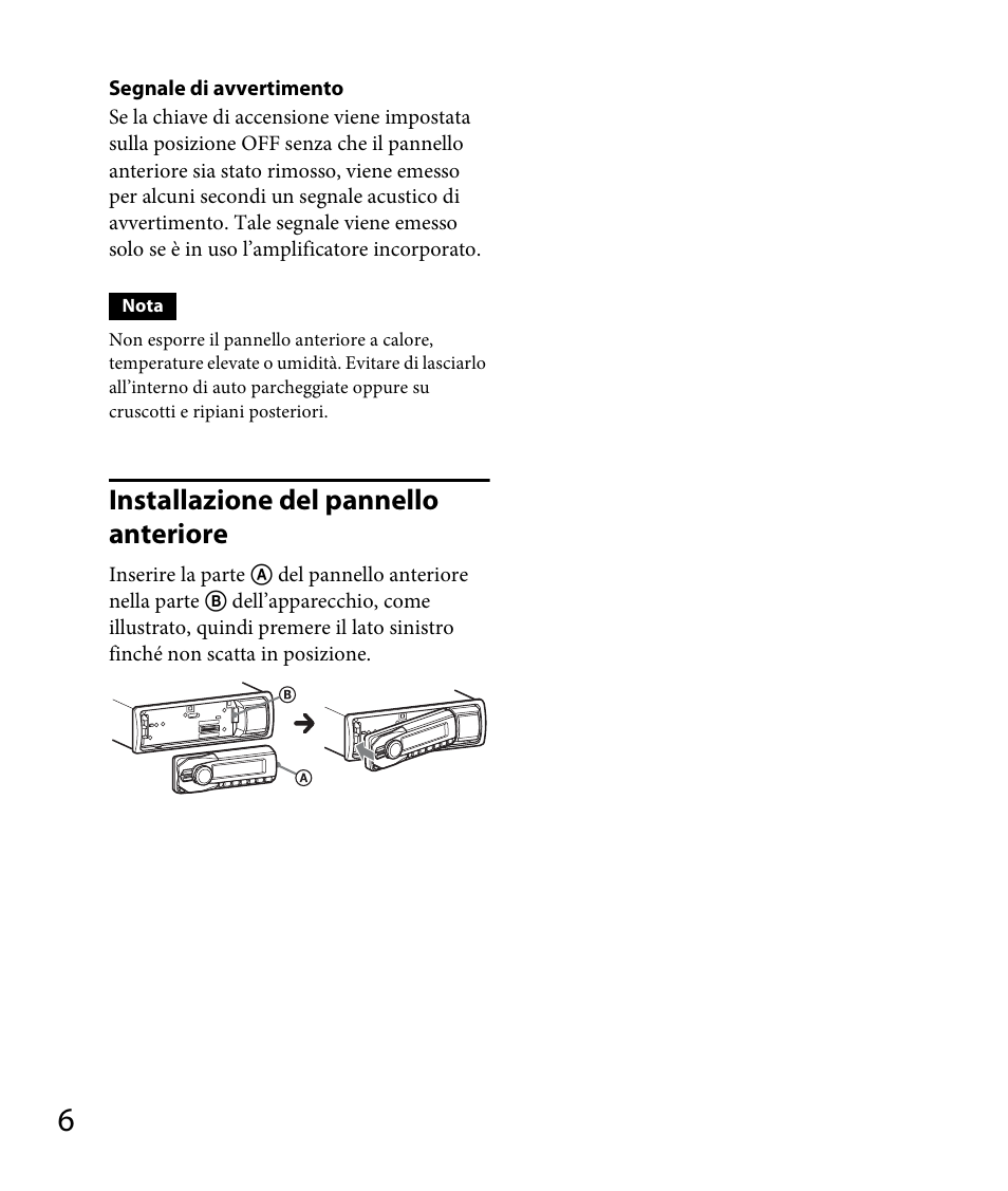 Installazione del pannello anteriore | Sony DSX-A30 User Manual | Page 82 / 132