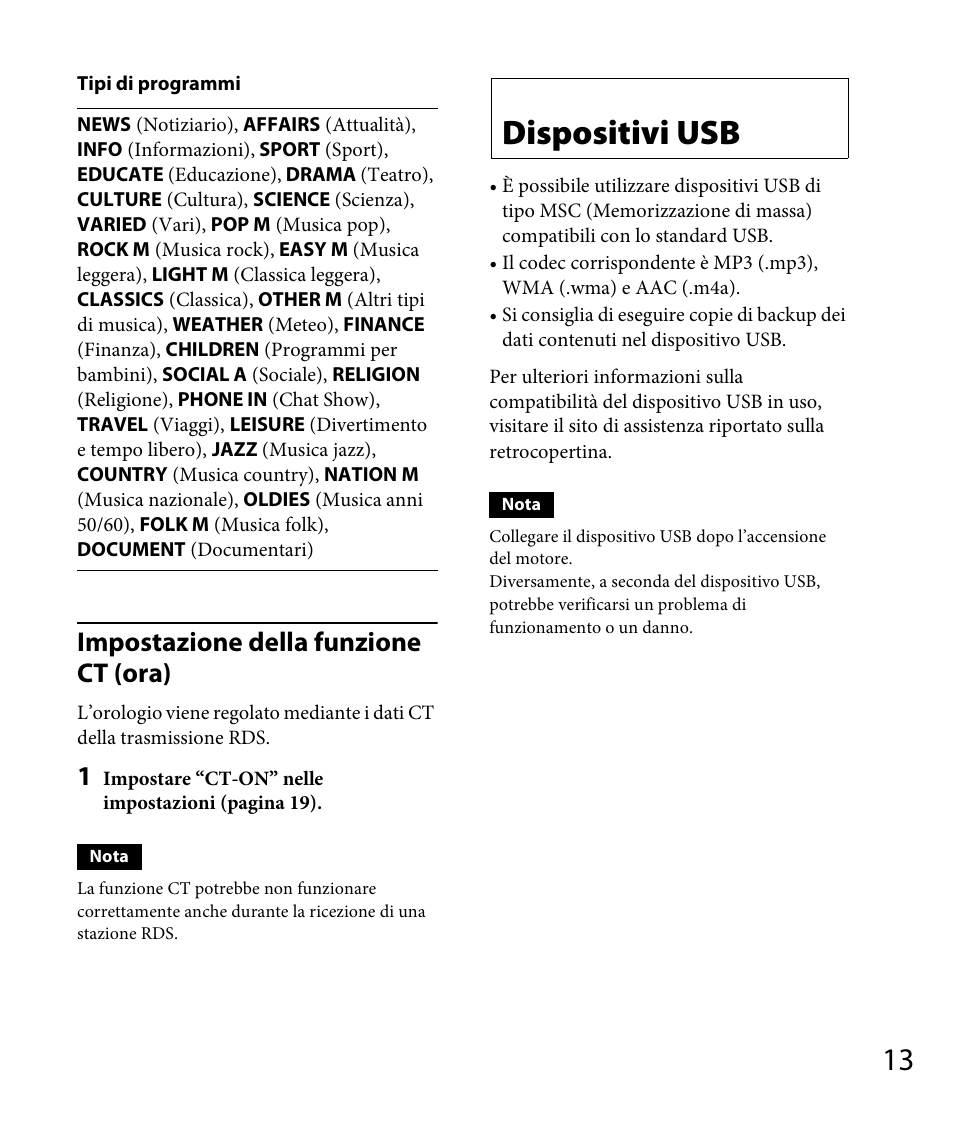 Dispositivi usb, Impostazione della funzione ct (ora) | Sony DSX-A30 User Manual | Page 89 / 132