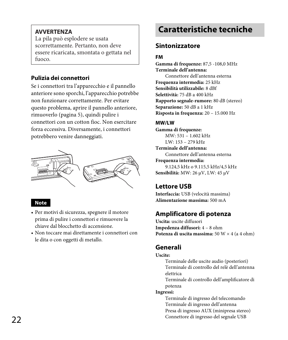 Caratteristiche tecniche, Sintonizzatore, Lettore usb | Amplificatore di potenza, Generali | Sony DSX-A30 User Manual | Page 98 / 132