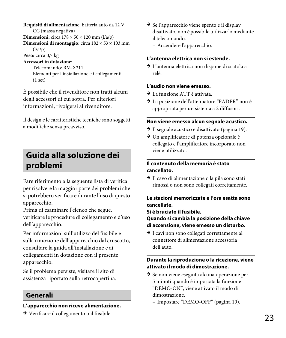 Guida alla soluzione dei problemi, Generali | Sony DSX-A30 User Manual | Page 99 / 132