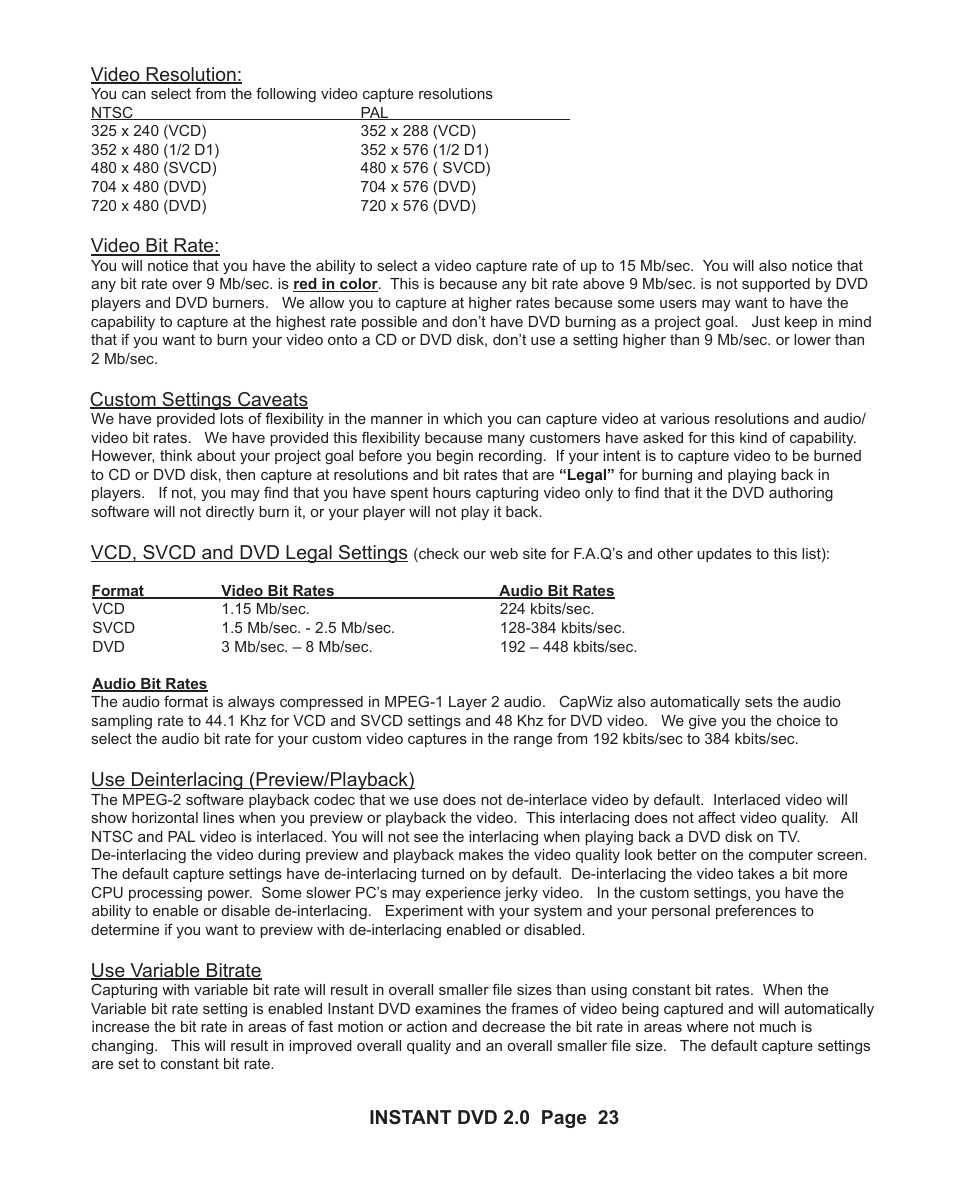 Instant dvd 2.0 page 22, Instant dvd 2.0 page 23 video resolution, Video bit rate | Custom settings caveats, Vcd, svcd and dvd legal settings, Use deinterlacing (preview/playback), Use variable bitrate | ADS Technologies ELT-201 User Manual | Page 8 / 12