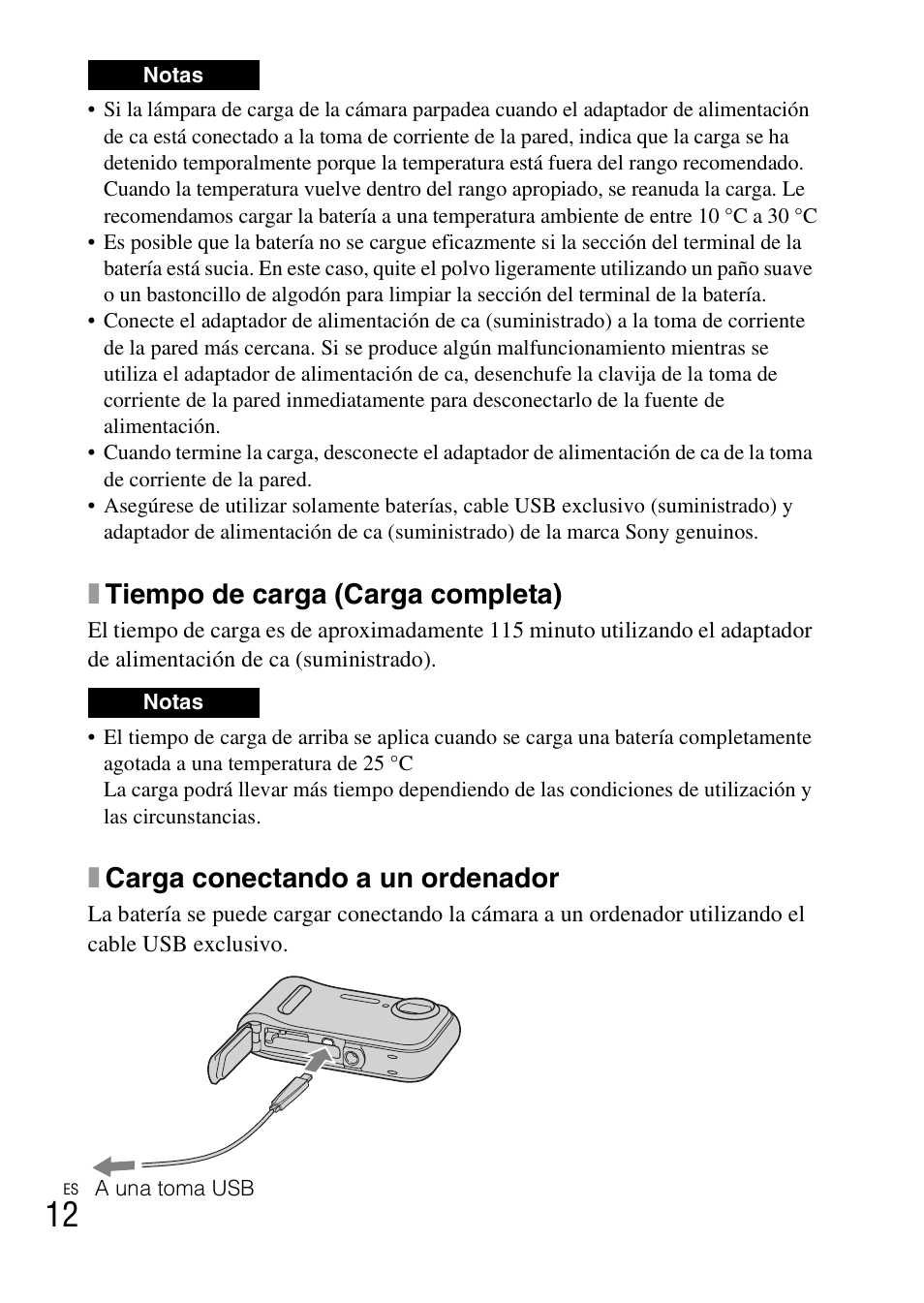 Xtiempo de carga (carga completa), Xcarga conectando a un ordenador | Sony DSC-TF1 User Manual | Page 108 / 579