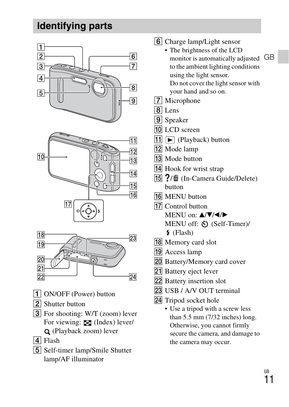 Identifying parts | Sony DSC-TF1 User Manual | Page 11 / 579