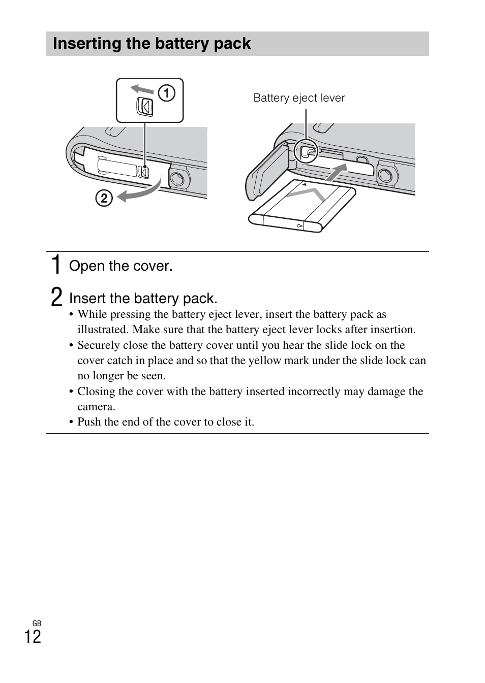 Inserting the battery pack | Sony DSC-TF1 User Manual | Page 12 / 579