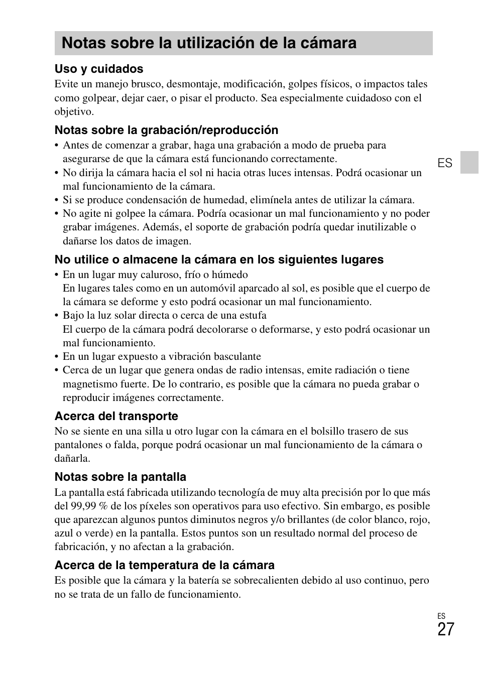 Notas sobre la utilización de la cámara | Sony DSC-TF1 User Manual | Page 123 / 579