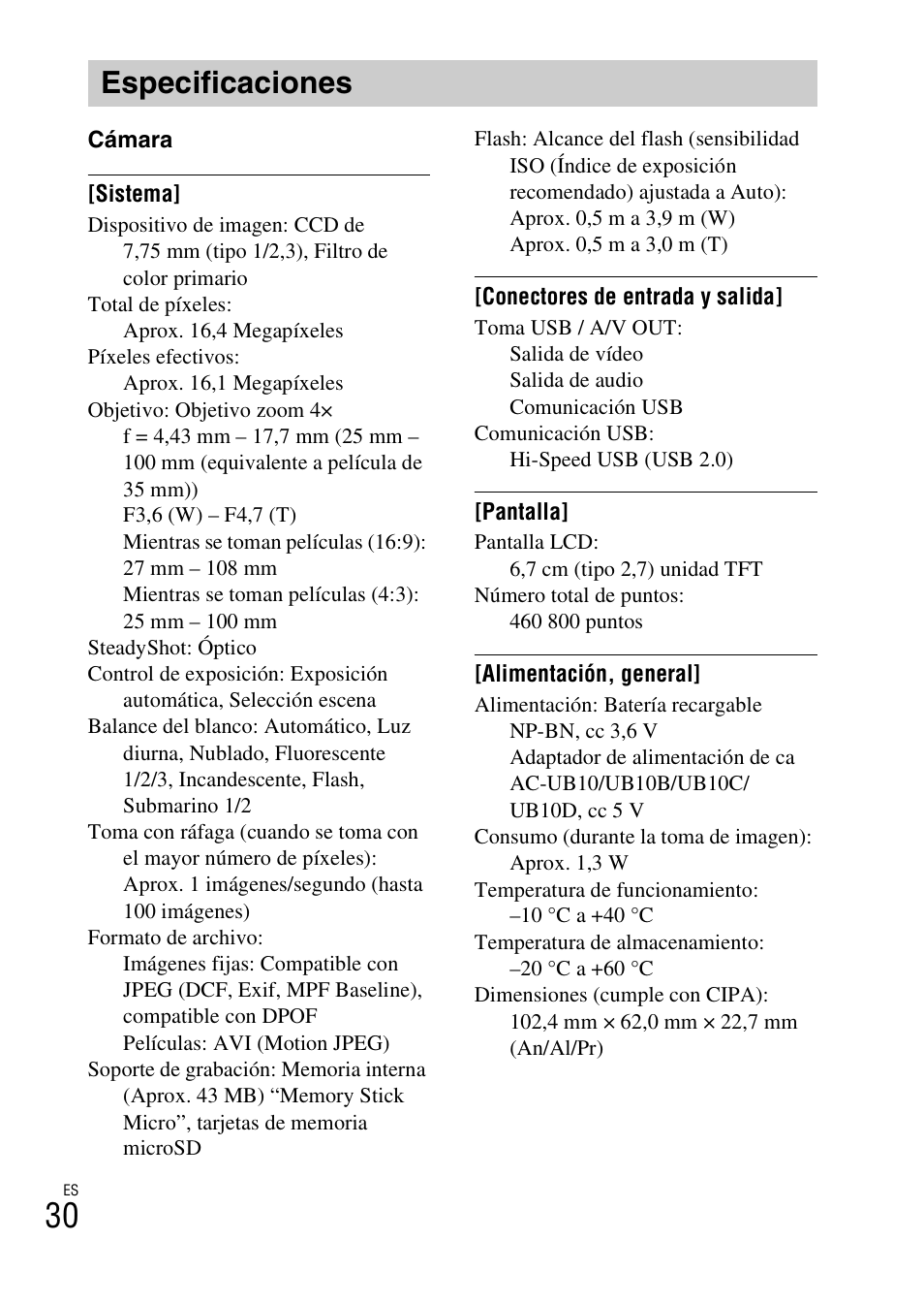 Especificaciones | Sony DSC-TF1 User Manual | Page 126 / 579