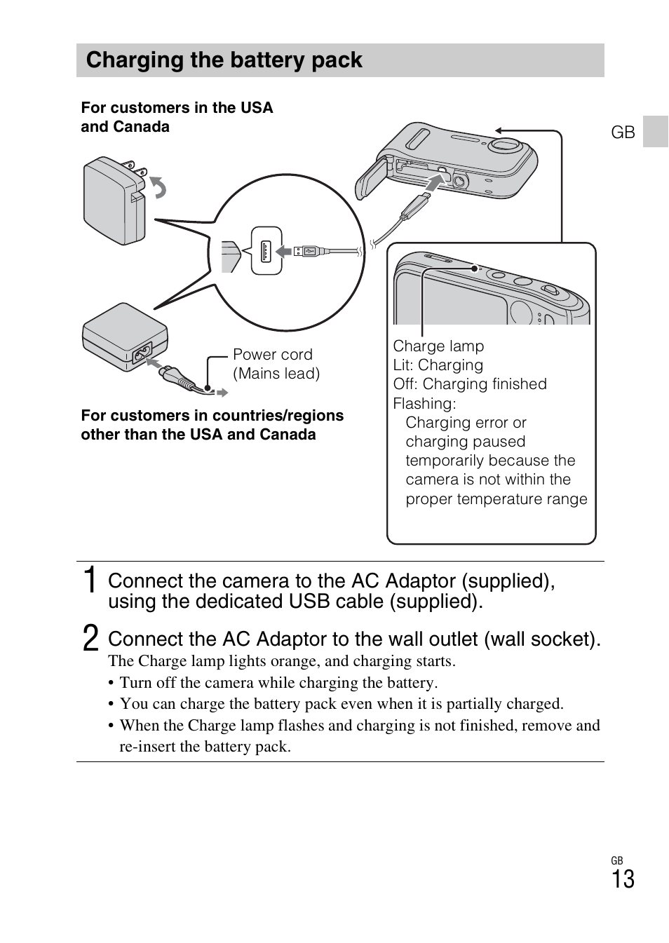 Charging the battery pack | Sony DSC-TF1 User Manual | Page 13 / 579