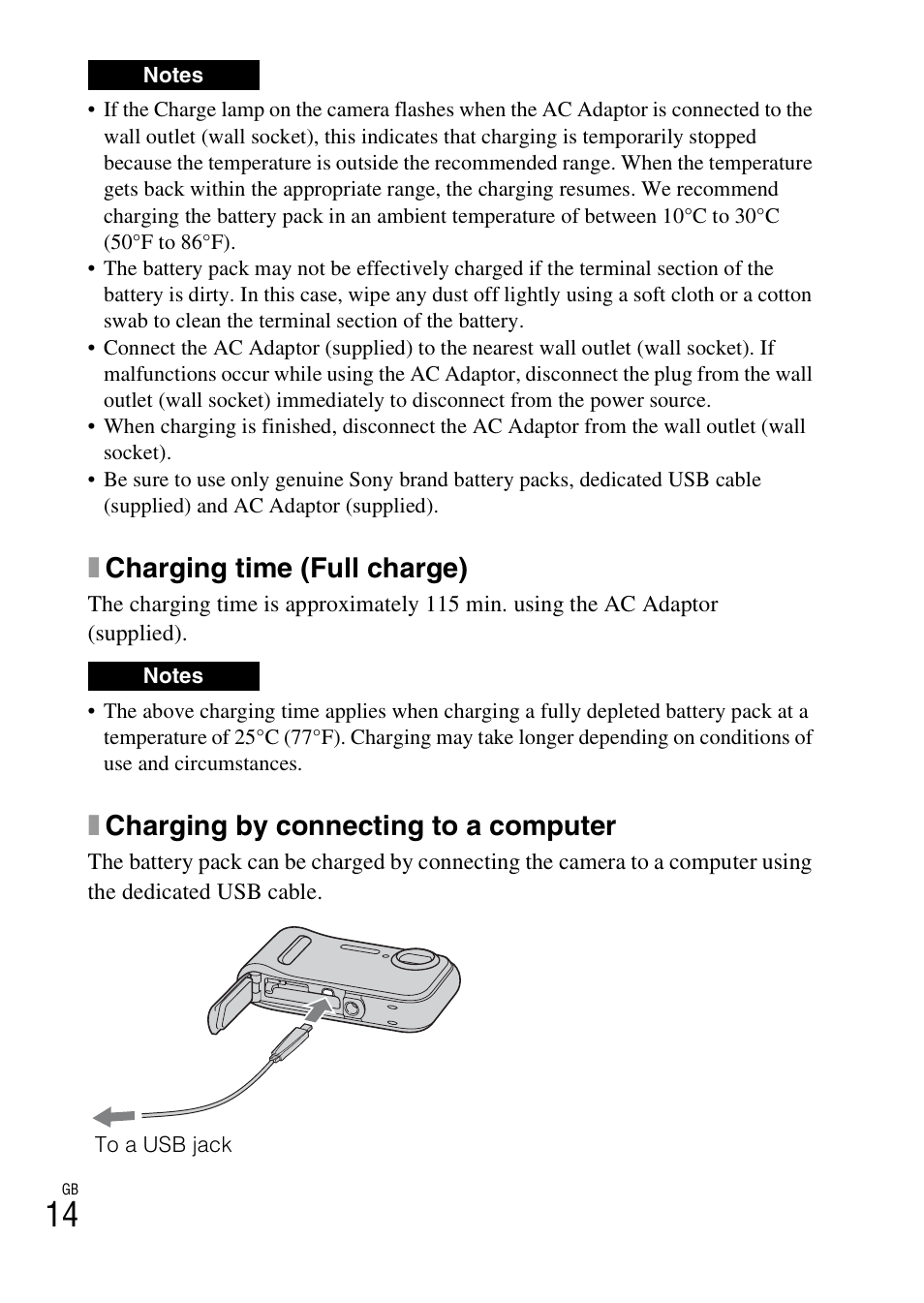 Xcharging time (full charge), Xcharging by connecting to a computer | Sony DSC-TF1 User Manual | Page 14 / 579