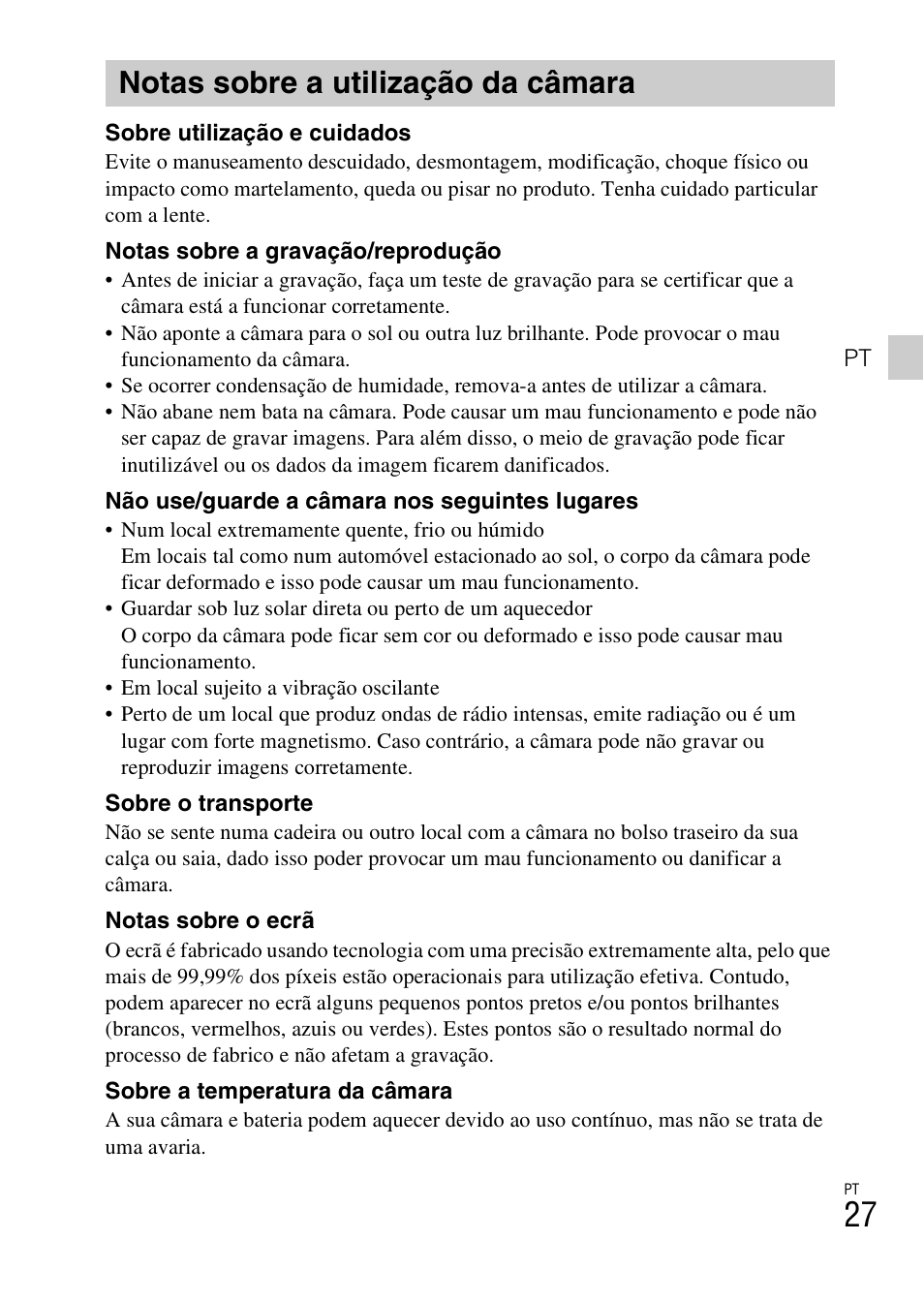 Notas sobre a utilização da câmara | Sony DSC-TF1 User Manual | Page 155 / 579