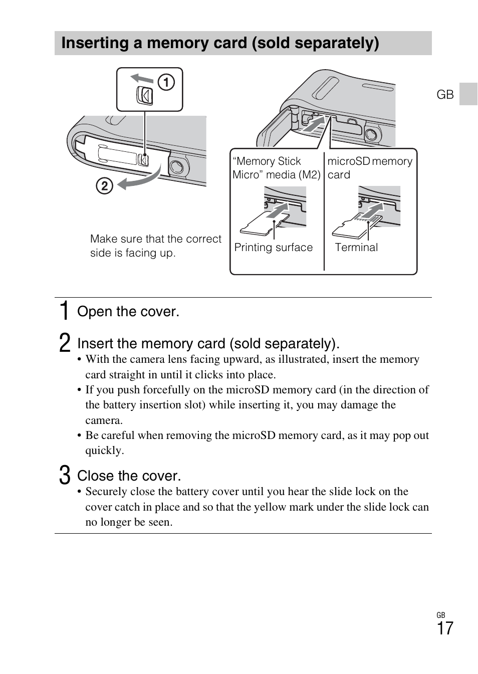 Inserting a memory card (sold separately) | Sony DSC-TF1 User Manual | Page 17 / 579