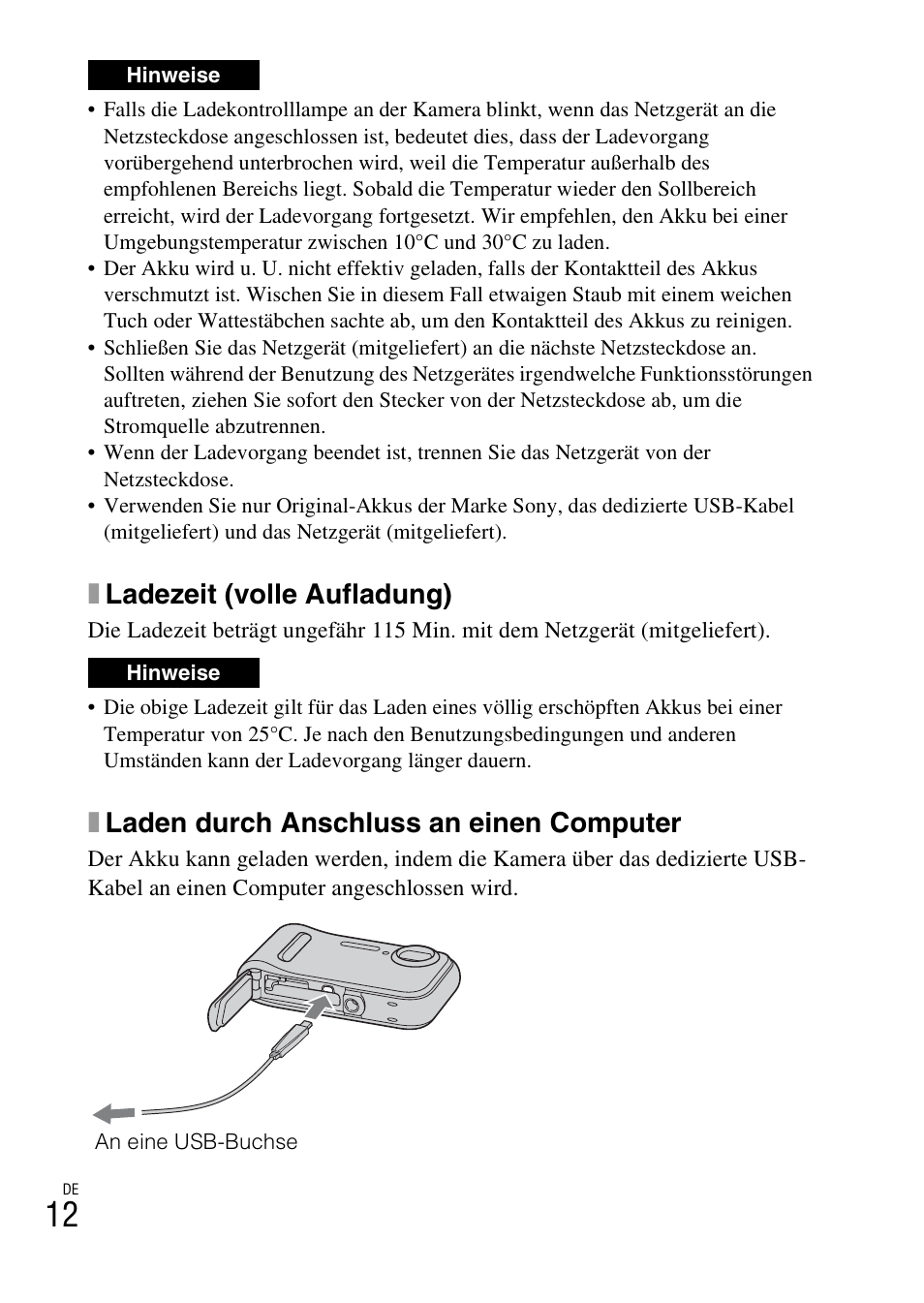 Xladezeit (volle aufladung), Xladen durch anschluss an einen computer | Sony DSC-TF1 User Manual | Page 170 / 579