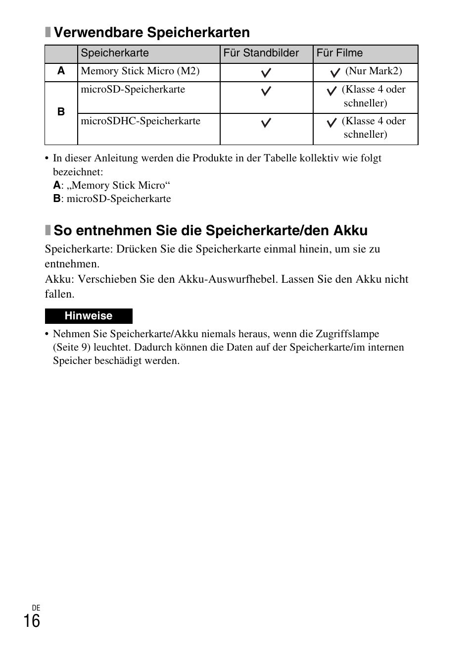 Xverwendbare speicherkarten, Xso entnehmen sie die speicherkarte/den akku | Sony DSC-TF1 User Manual | Page 174 / 579