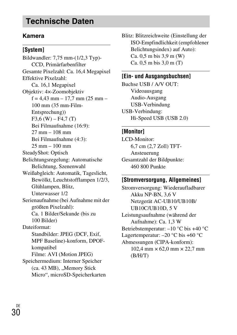 Technische daten | Sony DSC-TF1 User Manual | Page 188 / 579