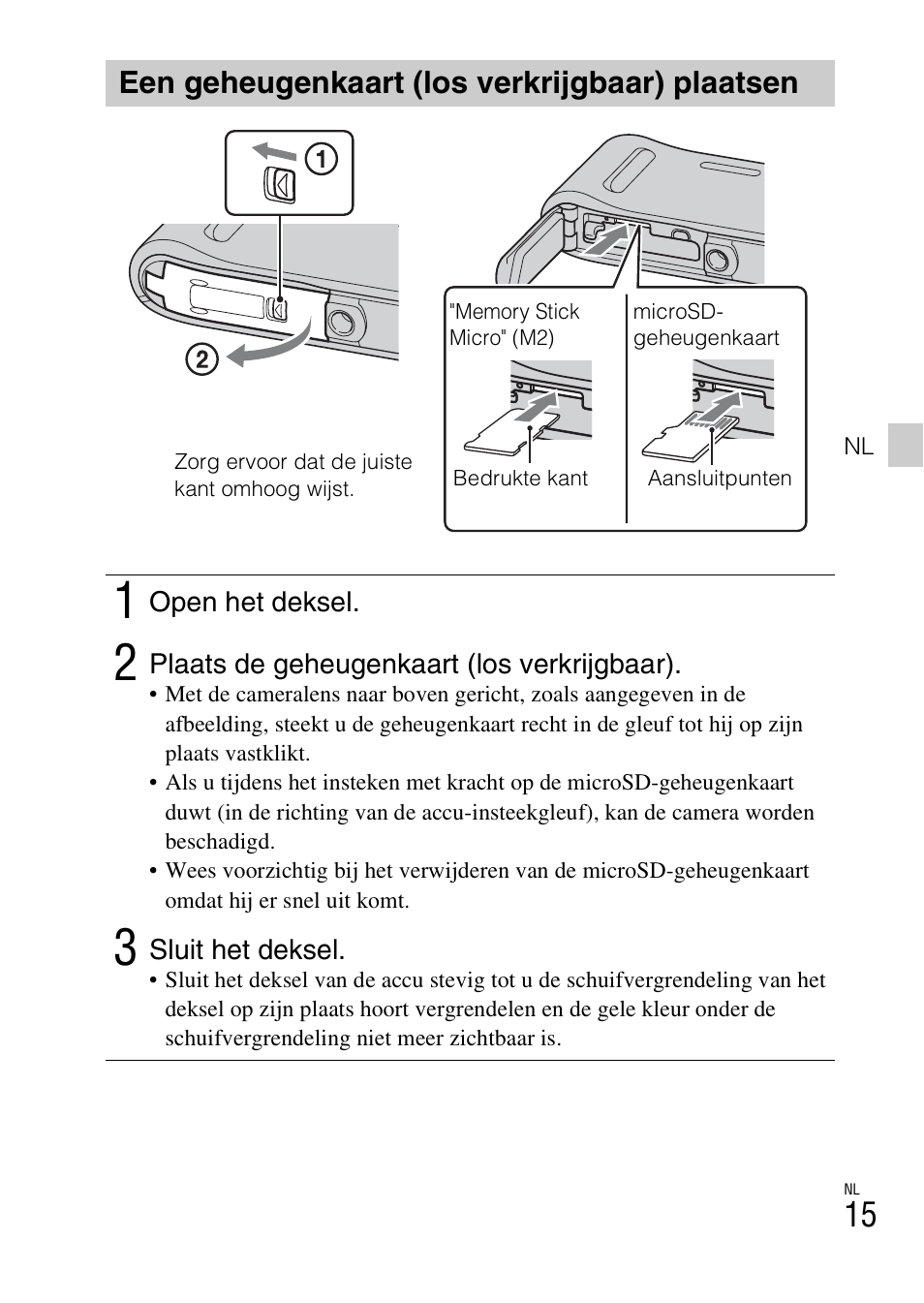 Een geheugenkaart (los verkrijgbaar) plaatsen | Sony DSC-TF1 User Manual | Page 205 / 579