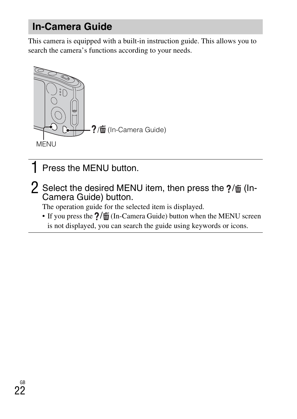 In-camera guide | Sony DSC-TF1 User Manual | Page 22 / 579