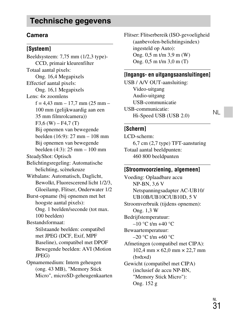 Technische gegevens | Sony DSC-TF1 User Manual | Page 221 / 579