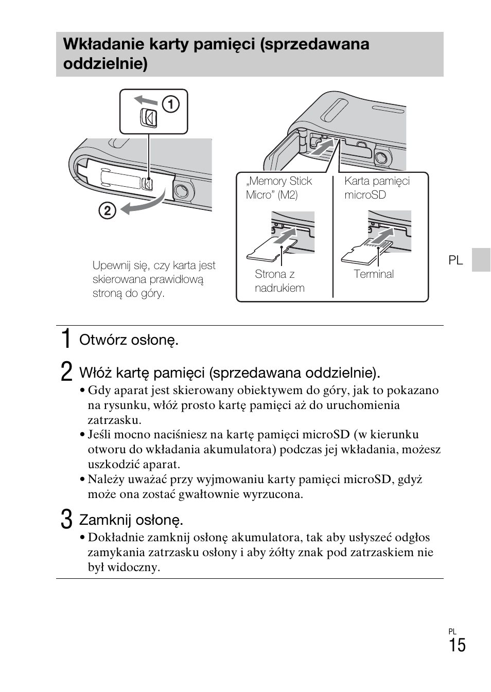 Wkładanie karty pamięci (sprzedawana oddzielnie) | Sony DSC-TF1 User Manual | Page 237 / 579