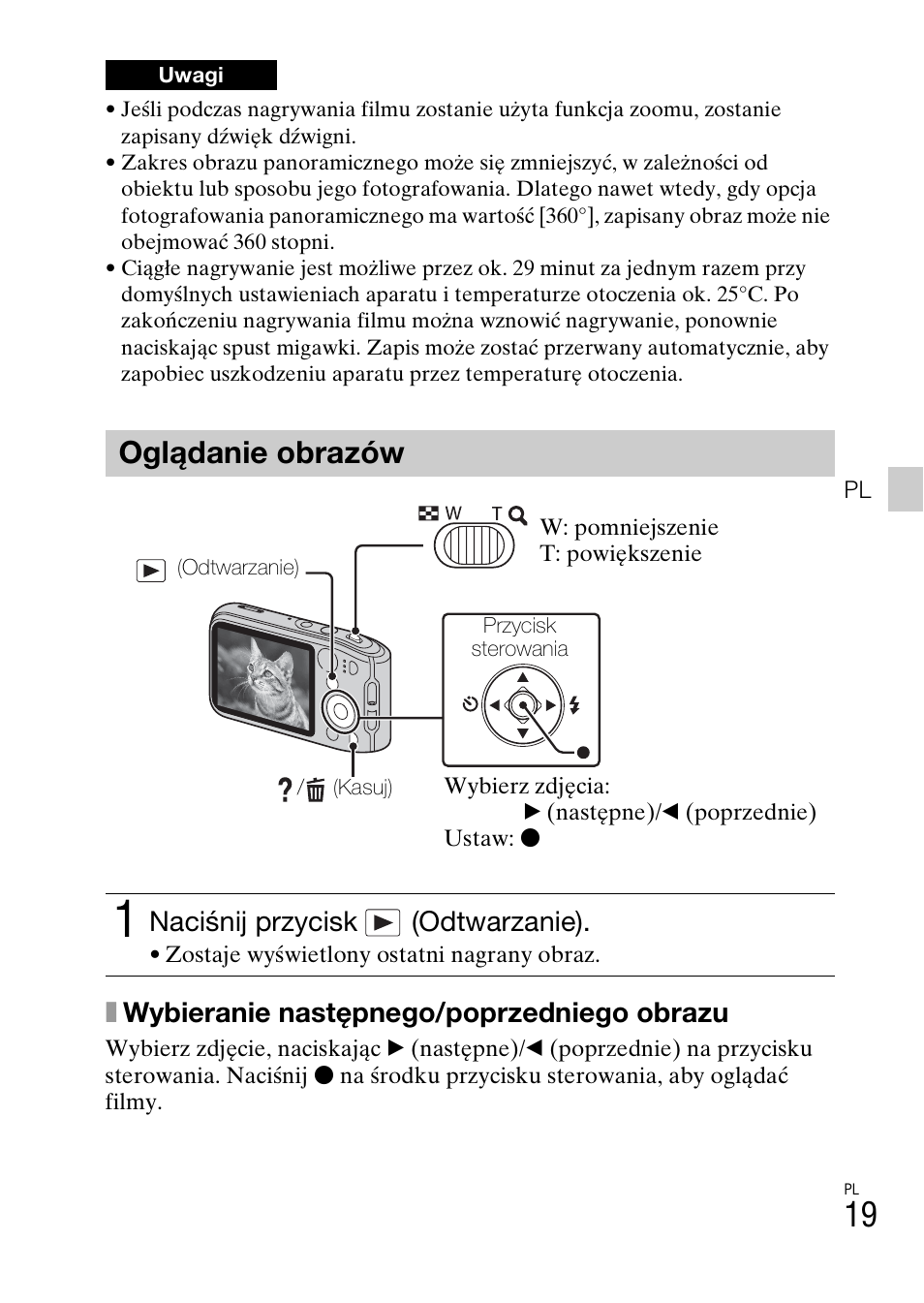 Oglądanie obrazów, Xwybieranie następnego/poprzedniego obrazu, Naciśnij przycisk (odtwarzanie) | Sony DSC-TF1 User Manual | Page 241 / 579