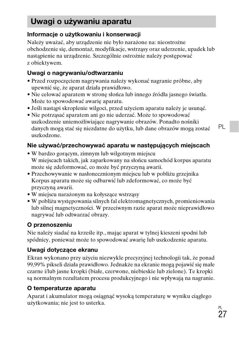 Uwagi o używaniu aparatu | Sony DSC-TF1 User Manual | Page 249 / 579
