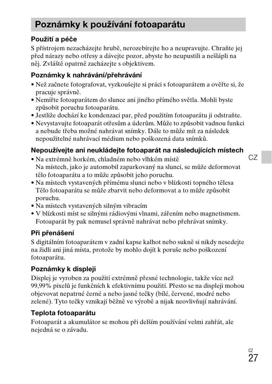 Poznámky k používání fotoaparátu | Sony DSC-TF1 User Manual | Page 281 / 579