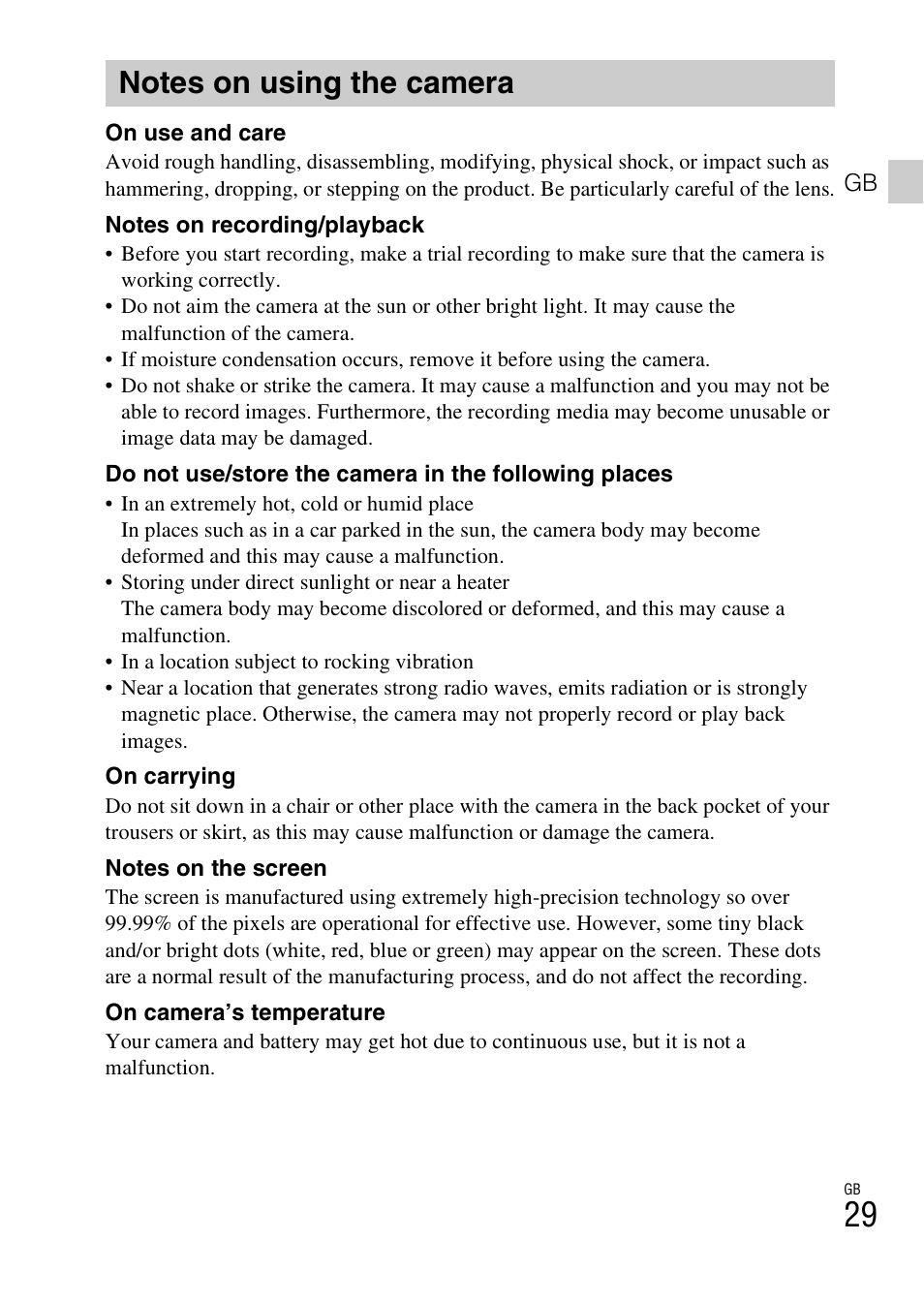Notes on using the camera | Sony DSC-TF1 User Manual | Page 29 / 579