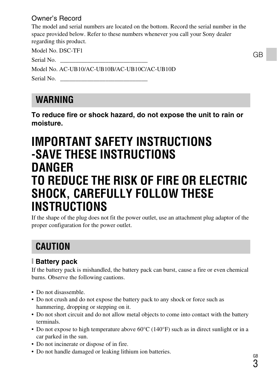 Warning caution | Sony DSC-TF1 User Manual | Page 3 / 579