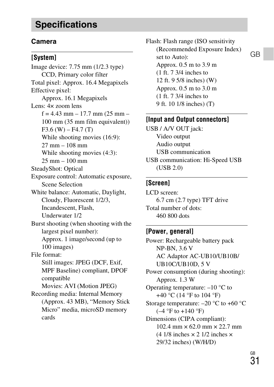 Specifications | Sony DSC-TF1 User Manual | Page 31 / 579